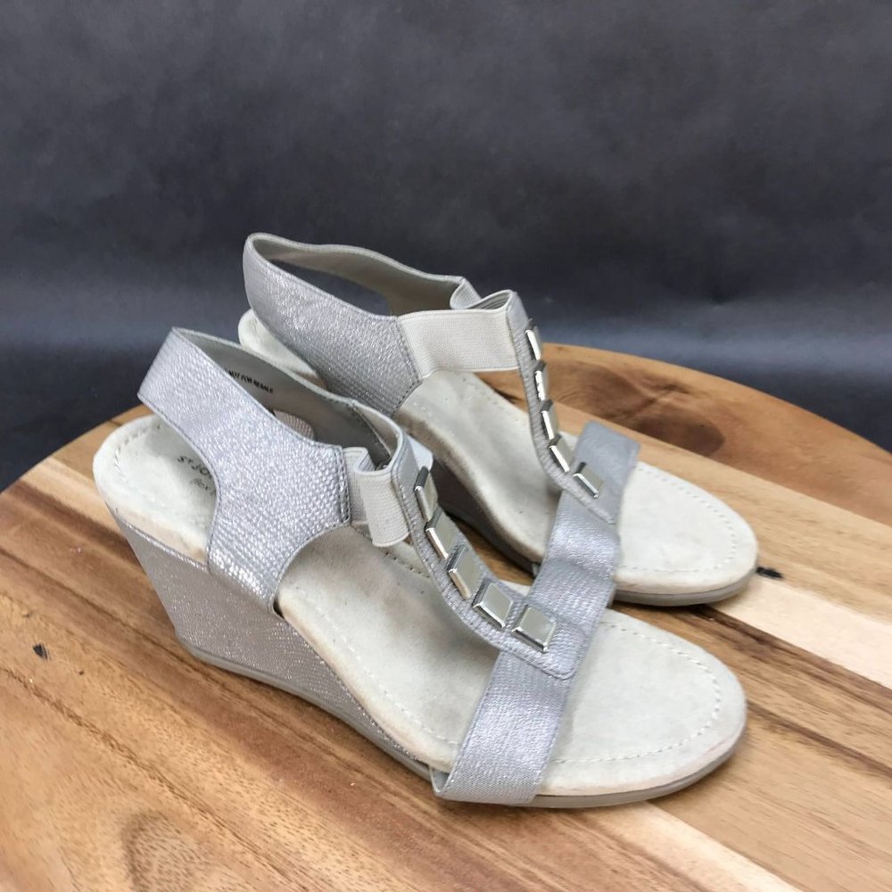 St. John's Bay Beige Embellished Slip On Wedge Strappy Sandals Womens Size 6